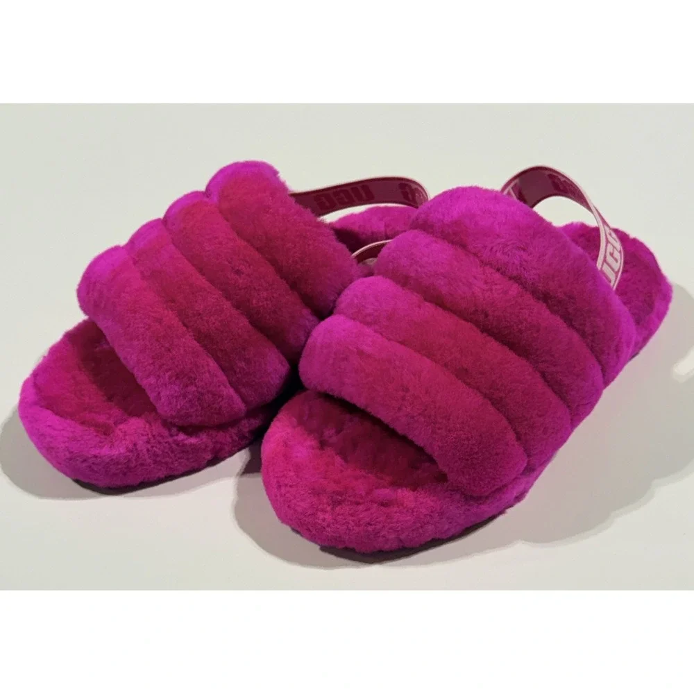 UGG Fluff Yeah Slide Rock Rose Pink Sheepskin Slingback Sandal 1098494K- Kids 3